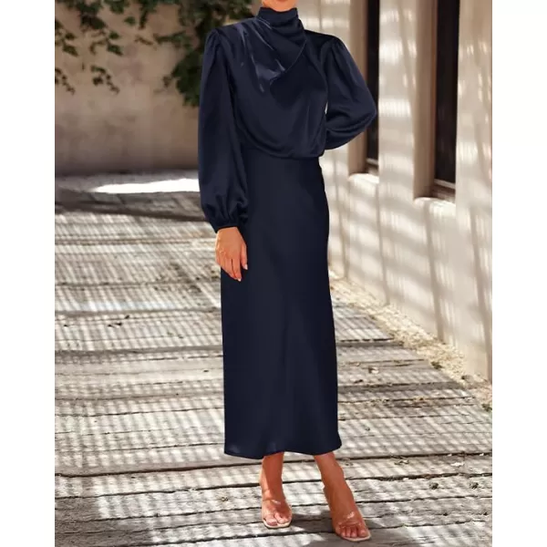 BTFBM Womens Mock Neck Satin Dress Elegant Long Sleeve Elastic High Waist Formal Wedding Cocktail Party Maxi DressesSolid Navy