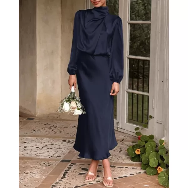 BTFBM Womens Mock Neck Satin Dress Elegant Long Sleeve Elastic High Waist Formal Wedding Cocktail Party Maxi DressesSolid Navy