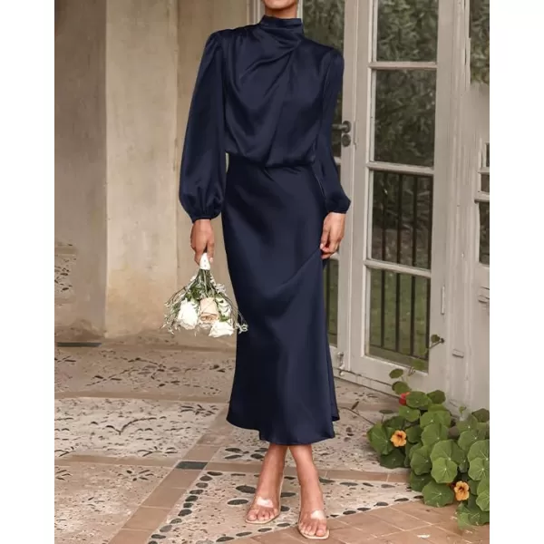 BTFBM Womens Mock Neck Satin Dress Elegant Long Sleeve Elastic High Waist Formal Wedding Cocktail Party Maxi DressesSolid Navy