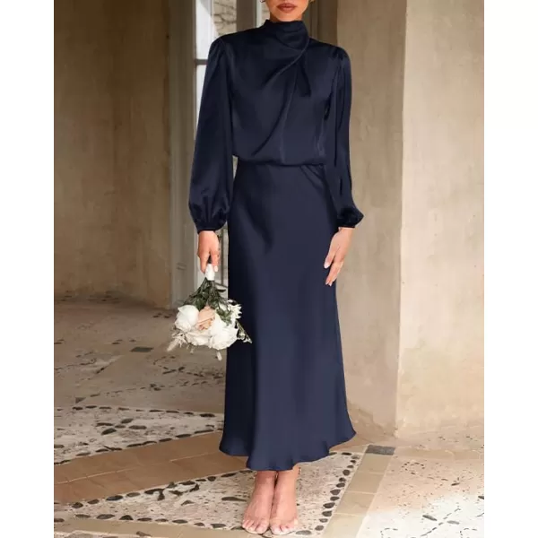 BTFBM Womens Mock Neck Satin Dress Elegant Long Sleeve Elastic High Waist Formal Wedding Cocktail Party Maxi DressesSolid Navy