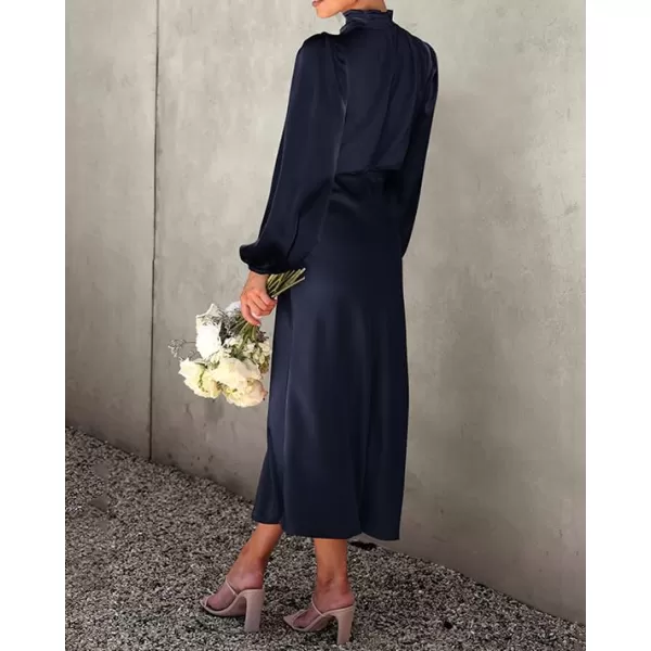 BTFBM Womens Mock Neck Satin Dress Elegant Long Sleeve Elastic High Waist Formal Wedding Cocktail Party Maxi DressesSolid Navy