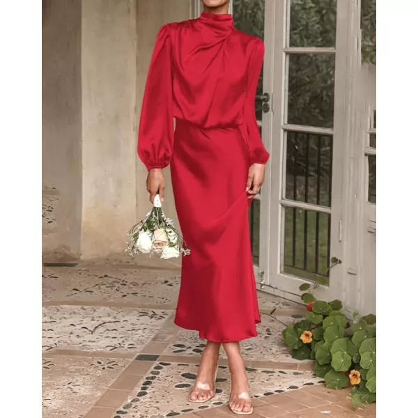 BTFBM Womens Mock Neck Satin Dress Elegant Long Sleeve Elastic High Waist Formal Wedding Cocktail Party Maxi DressesSolid Red