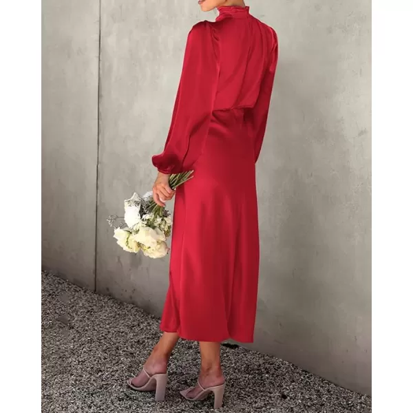 BTFBM Womens Mock Neck Satin Dress Elegant Long Sleeve Elastic High Waist Formal Wedding Cocktail Party Maxi DressesSolid Red