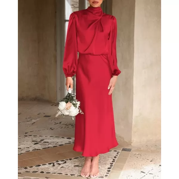 BTFBM Womens Mock Neck Satin Dress Elegant Long Sleeve Elastic High Waist Formal Wedding Cocktail Party Maxi DressesSolid Red