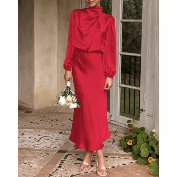 BTFBM Womens Mock Neck Satin Dress Elegant Long Sleeve Elastic High Waist Formal Wedding Cocktail Party Maxi DressesSolid Red