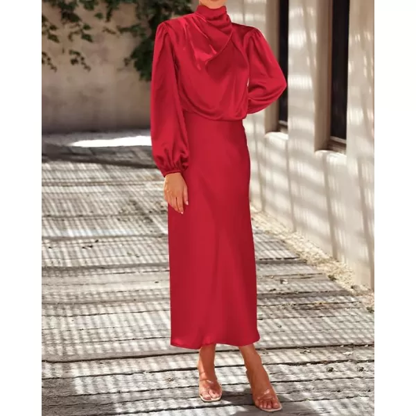 BTFBM Womens Mock Neck Satin Dress Elegant Long Sleeve Elastic High Waist Formal Wedding Cocktail Party Maxi DressesSolid Red