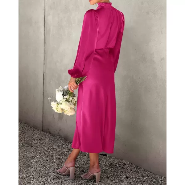 BTFBM Womens Mock Neck Satin Dress Elegant Long Sleeve Elastic High Waist Formal Wedding Cocktail Party Maxi DressesSolid Rose Red