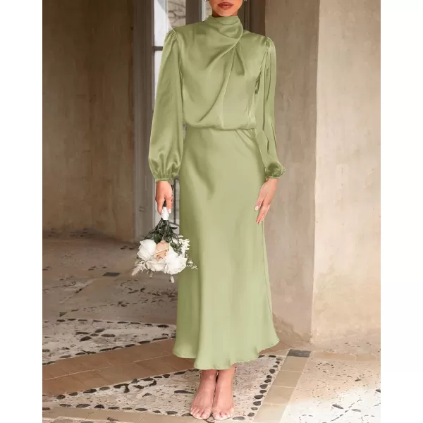 BTFBM Womens Mock Neck Satin Dress Elegant Long Sleeve Elastic High Waist Formal Wedding Cocktail Party Maxi DressesSolid Tender Green