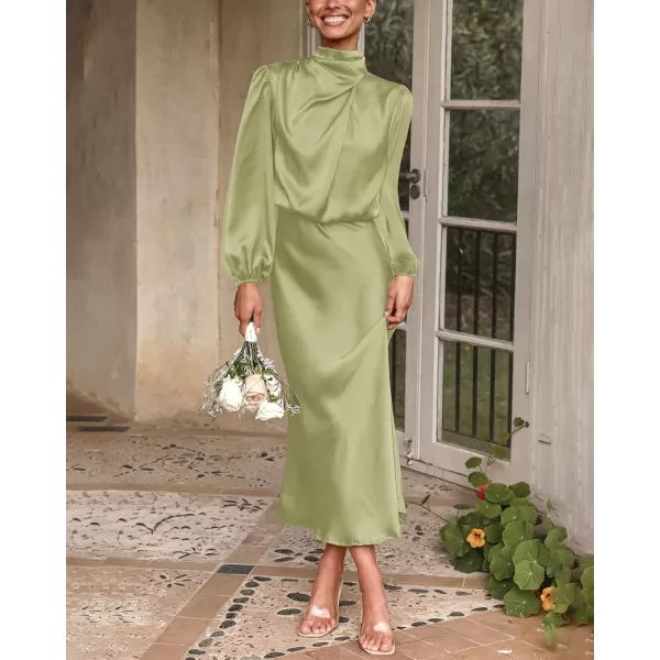 BTFBM Womens Mock Neck Satin Dress Elegant Long Sleeve Elastic High Waist Formal Wedding Cocktail Party Maxi DressesSolid Tender Green