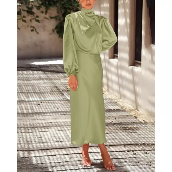 BTFBM Womens Mock Neck Satin Dress Elegant Long Sleeve Elastic High Waist Formal Wedding Cocktail Party Maxi DressesSolid Tender Green