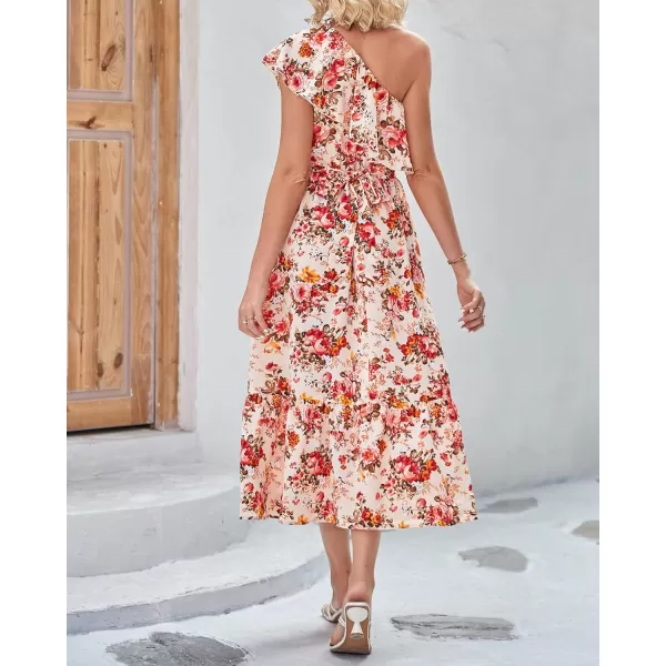 BTFBM Womens One Shoulder Maxi Dress Sleeveless Casual Summer Layered Ruffle Boho Floral Print Party Beach ALine DressesFloral Apricot Red