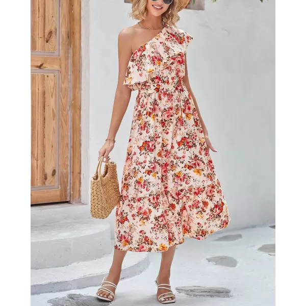 BTFBM Womens One Shoulder Maxi Dress Sleeveless Casual Summer Layered Ruffle Boho Floral Print Party Beach ALine DressesFloral Apricot Red