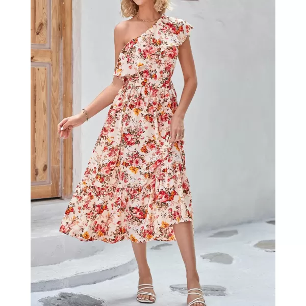 BTFBM Womens One Shoulder Maxi Dress Sleeveless Casual Summer Layered Ruffle Boho Floral Print Party Beach ALine DressesFloral Apricot Red