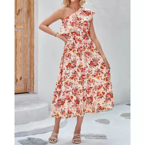 BTFBM Womens One Shoulder Maxi Dress Sleeveless Casual Summer Layered Ruffle Boho Floral Print Party Beach ALine DressesFloral Apricot Red