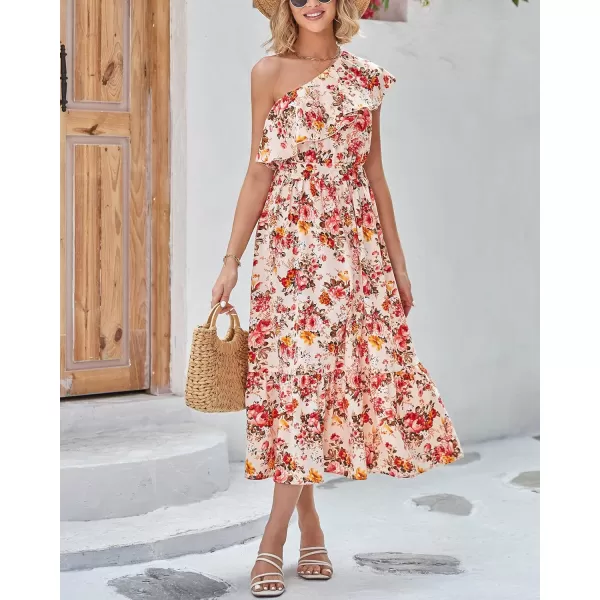 BTFBM Womens One Shoulder Maxi Dress Sleeveless Casual Summer Layered Ruffle Boho Floral Print Party Beach ALine DressesFloral Apricot Red