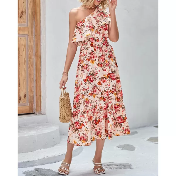 BTFBM Womens One Shoulder Maxi Dress Sleeveless Casual Summer Layered Ruffle Boho Floral Print Party Beach ALine DressesFloral Apricot Red