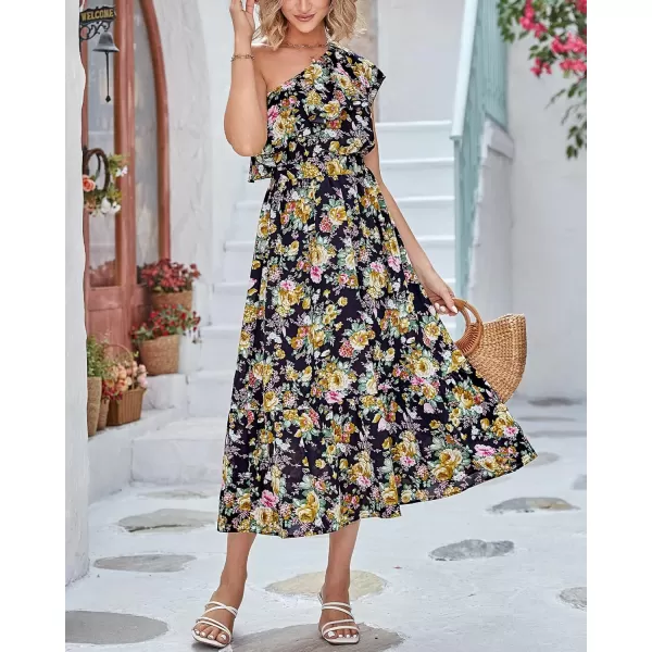 BTFBM Womens One Shoulder Maxi Dress Sleeveless Casual Summer Layered Ruffle Boho Floral Print Party Beach ALine DressesFloral Black Yellow