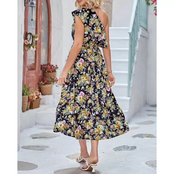 BTFBM Womens One Shoulder Maxi Dress Sleeveless Casual Summer Layered Ruffle Boho Floral Print Party Beach ALine DressesFloral Black Yellow
