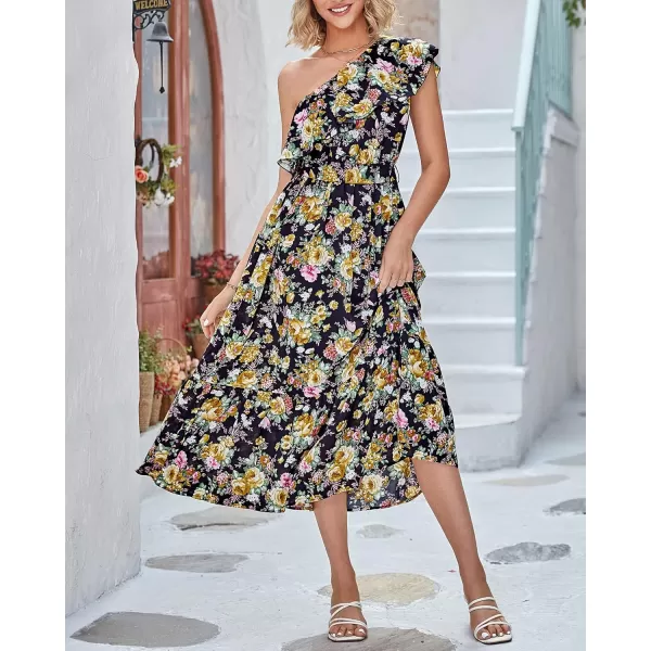 BTFBM Womens One Shoulder Maxi Dress Sleeveless Casual Summer Layered Ruffle Boho Floral Print Party Beach ALine DressesFloral Black Yellow