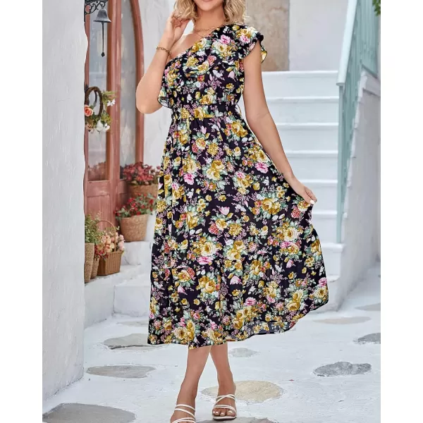 BTFBM Womens One Shoulder Maxi Dress Sleeveless Casual Summer Layered Ruffle Boho Floral Print Party Beach ALine DressesFloral Black Yellow