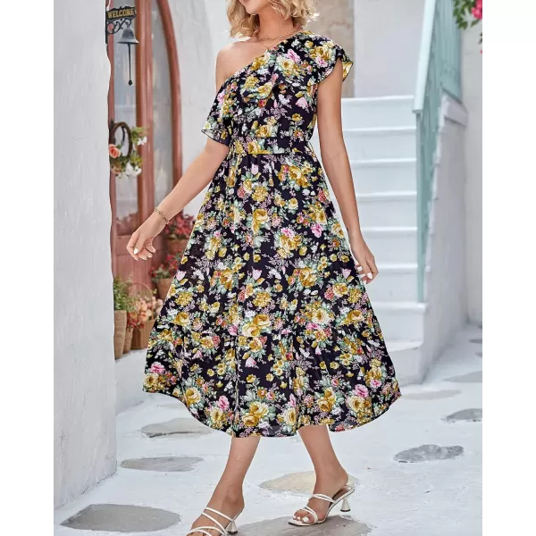 BTFBM Womens One Shoulder Maxi Dress Sleeveless Casual Summer Layered Ruffle Boho Floral Print Party Beach ALine DressesFloral Black Yellow