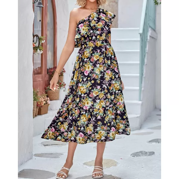 BTFBM Womens One Shoulder Maxi Dress Sleeveless Casual Summer Layered Ruffle Boho Floral Print Party Beach ALine DressesFloral Black Yellow
