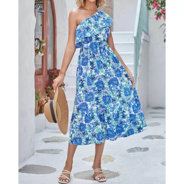 BTFBM Womens One Shoulder Maxi Dress Sleeveless Casual Summer Layered Ruffle Boho Floral Print Party Beach ALine DressesFloral Blue