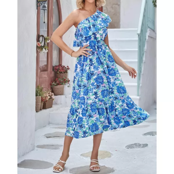 BTFBM Womens One Shoulder Maxi Dress Sleeveless Casual Summer Layered Ruffle Boho Floral Print Party Beach ALine DressesFloral Blue