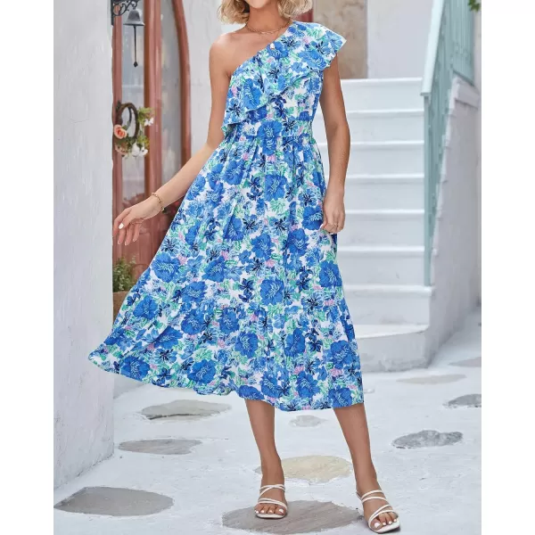 BTFBM Womens One Shoulder Maxi Dress Sleeveless Casual Summer Layered Ruffle Boho Floral Print Party Beach ALine DressesFloral Blue