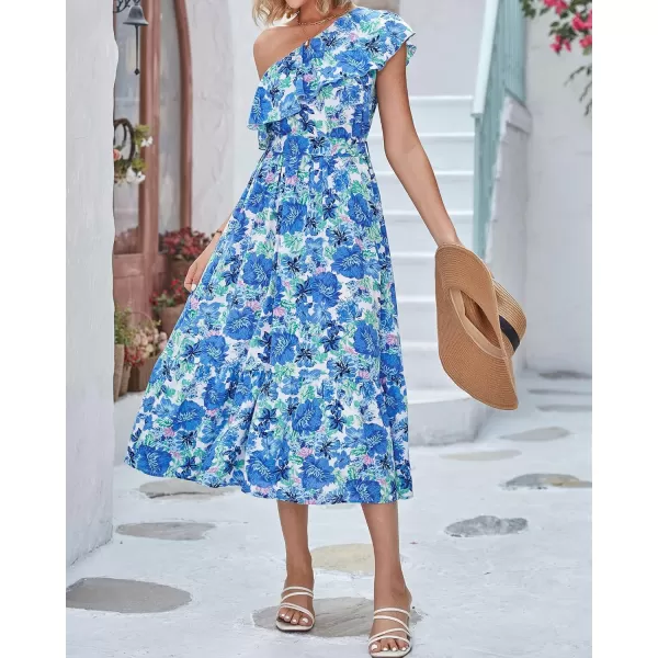 BTFBM Womens One Shoulder Maxi Dress Sleeveless Casual Summer Layered Ruffle Boho Floral Print Party Beach ALine DressesFloral Blue