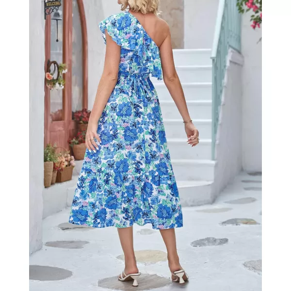BTFBM Womens One Shoulder Maxi Dress Sleeveless Casual Summer Layered Ruffle Boho Floral Print Party Beach ALine DressesFloral Blue
