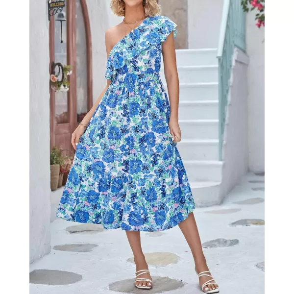 BTFBM Womens One Shoulder Maxi Dress Sleeveless Casual Summer Layered Ruffle Boho Floral Print Party Beach ALine DressesFloral Blue