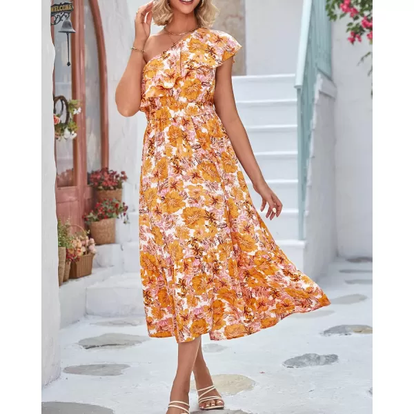 BTFBM Womens One Shoulder Maxi Dress Sleeveless Casual Summer Layered Ruffle Boho Floral Print Party Beach ALine DressesFloral Orange