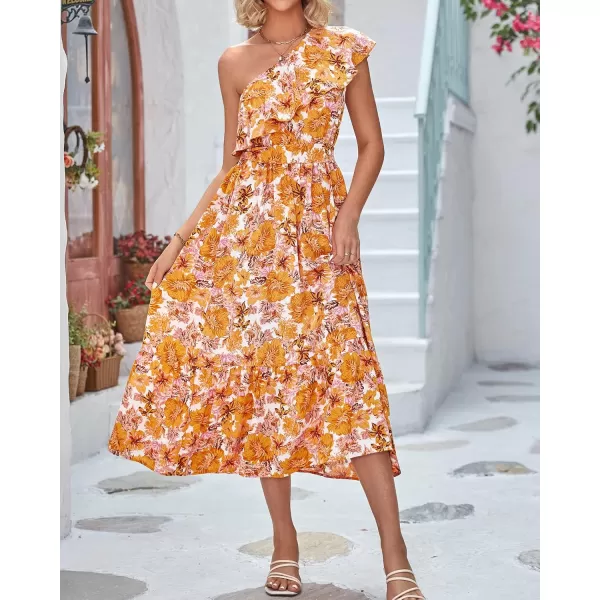 BTFBM Womens One Shoulder Maxi Dress Sleeveless Casual Summer Layered Ruffle Boho Floral Print Party Beach ALine DressesFloral Orange