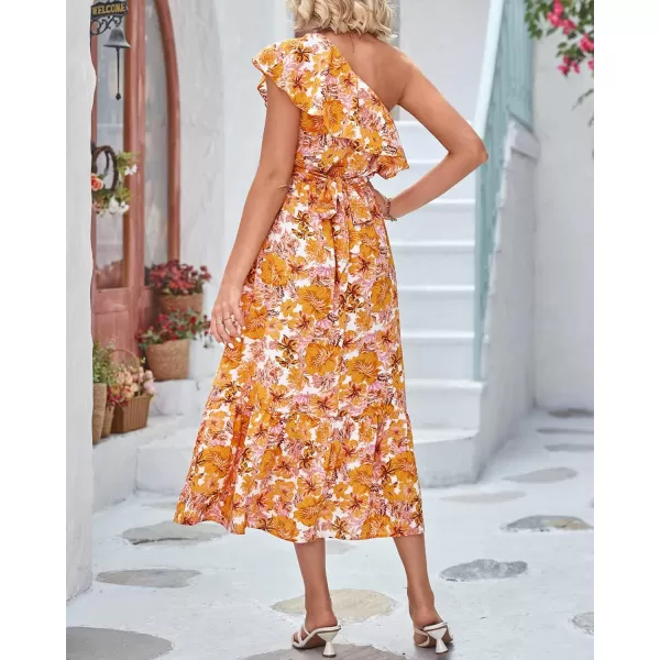 BTFBM Womens One Shoulder Maxi Dress Sleeveless Casual Summer Layered Ruffle Boho Floral Print Party Beach ALine DressesFloral Orange