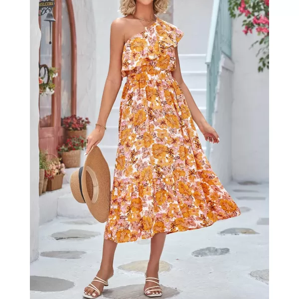 BTFBM Womens One Shoulder Maxi Dress Sleeveless Casual Summer Layered Ruffle Boho Floral Print Party Beach ALine DressesFloral Orange