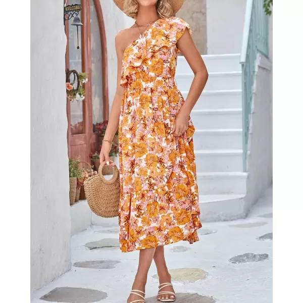 BTFBM Womens One Shoulder Maxi Dress Sleeveless Casual Summer Layered Ruffle Boho Floral Print Party Beach ALine DressesFloral Orange