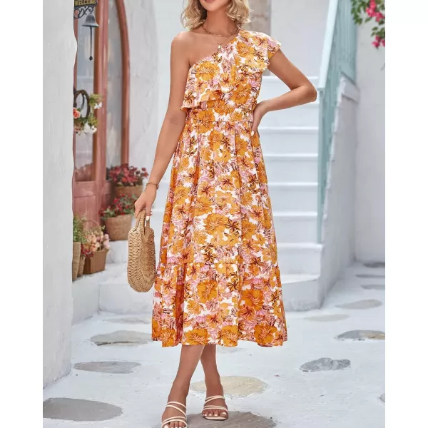 BTFBM Womens One Shoulder Maxi Dress Sleeveless Casual Summer Layered Ruffle Boho Floral Print Party Beach ALine DressesFloral Orange