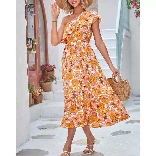 BTFBM Womens One Shoulder Maxi Dress Sleeveless Casual Summer Layered Ruffle Boho Floral Print Party Beach ALine DressesFloral Orange
