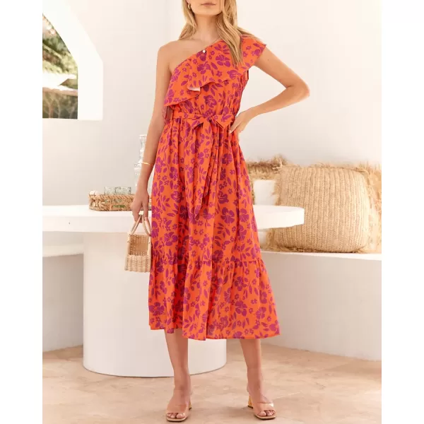 BTFBM Womens One Shoulder Maxi Dress Sleeveless Casual Summer Layered Ruffle Boho Floral Print Party Beach ALine DressesFloral Orange Purple