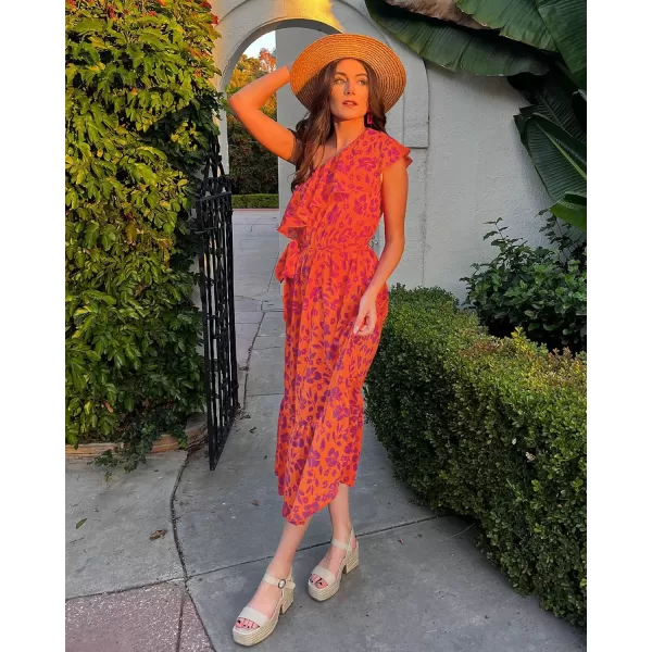 BTFBM Womens One Shoulder Maxi Dress Sleeveless Casual Summer Layered Ruffle Boho Floral Print Party Beach ALine DressesFloral Orange Purple