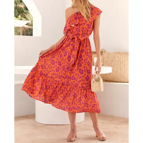 BTFBM Womens One Shoulder Maxi Dress Sleeveless Casual Summer Layered Ruffle Boho Floral Print Party Beach ALine DressesFloral Orange Purple