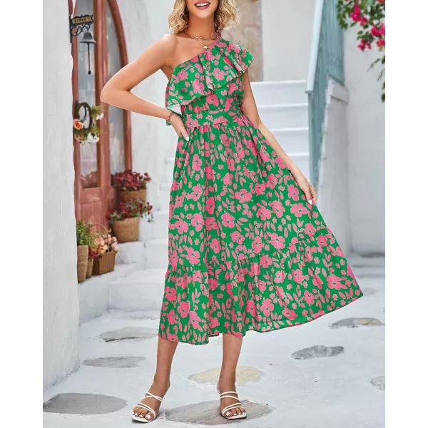 BTFBM Womens One Shoulder Maxi Dress Sleeveless Casual Summer Layered Ruffle Boho Floral Print Party Beach ALine DressesFloral Pink Green