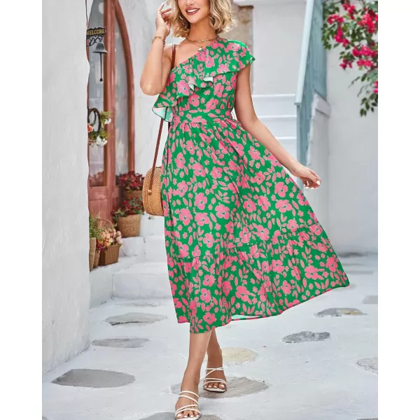 BTFBM Womens One Shoulder Maxi Dress Sleeveless Casual Summer Layered Ruffle Boho Floral Print Party Beach ALine DressesFloral Pink Green