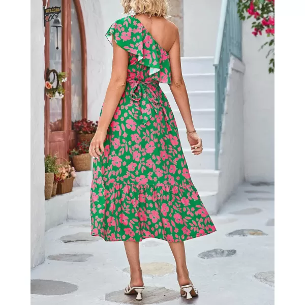 BTFBM Womens One Shoulder Maxi Dress Sleeveless Casual Summer Layered Ruffle Boho Floral Print Party Beach ALine DressesFloral Pink Green