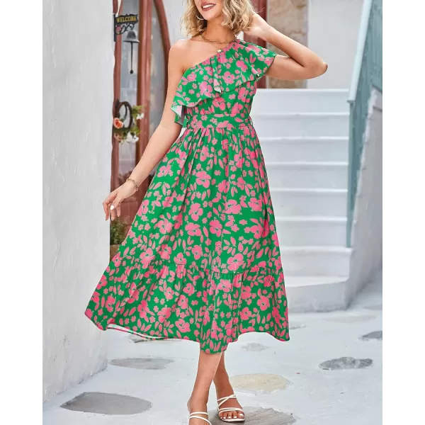 BTFBM Womens One Shoulder Maxi Dress Sleeveless Casual Summer Layered Ruffle Boho Floral Print Party Beach ALine DressesFloral Pink Green