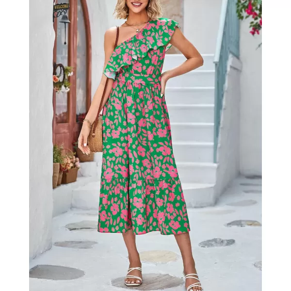 BTFBM Womens One Shoulder Maxi Dress Sleeveless Casual Summer Layered Ruffle Boho Floral Print Party Beach ALine DressesFloral Pink Green