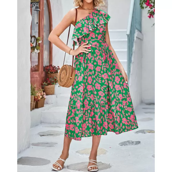 BTFBM Womens One Shoulder Maxi Dress Sleeveless Casual Summer Layered Ruffle Boho Floral Print Party Beach ALine DressesFloral Pink Green