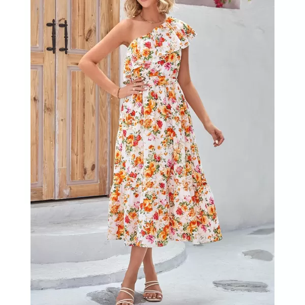 BTFBM Womens One Shoulder Maxi Dress Sleeveless Casual Summer Layered Ruffle Boho Floral Print Party Beach ALine DressesFloral White Orange