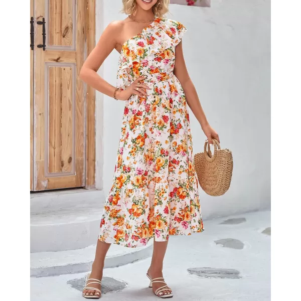 BTFBM Womens One Shoulder Maxi Dress Sleeveless Casual Summer Layered Ruffle Boho Floral Print Party Beach ALine DressesFloral White Orange